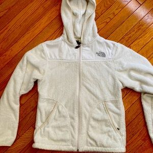 North face fuzzy, zip-up, white hoodie